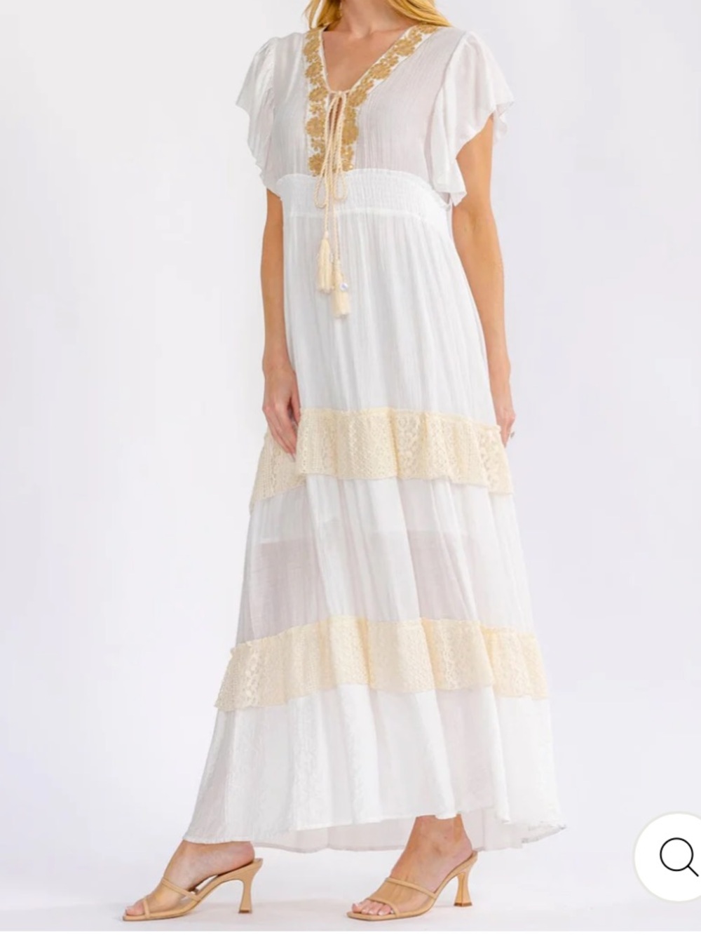 Boho White Maxi Dress with Cream Lace Trim size S-M-L